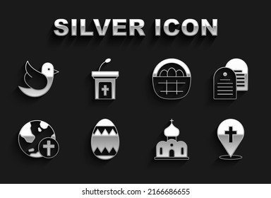 Set Easter egg, Holy bible book, Location church building, Church, Christian cross with globe, Basket easter eggs, Dove and sermon tribune icon. Vector