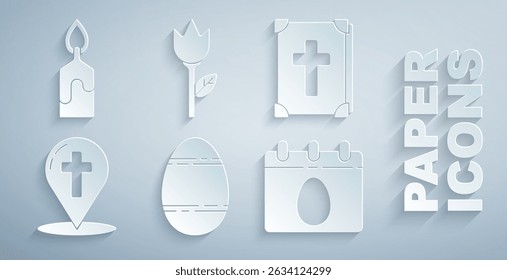 Set Easter egg, Holy bible book, Map pointer with christian cross, Calendar, Flower tulip and Burning candle icon. Vector