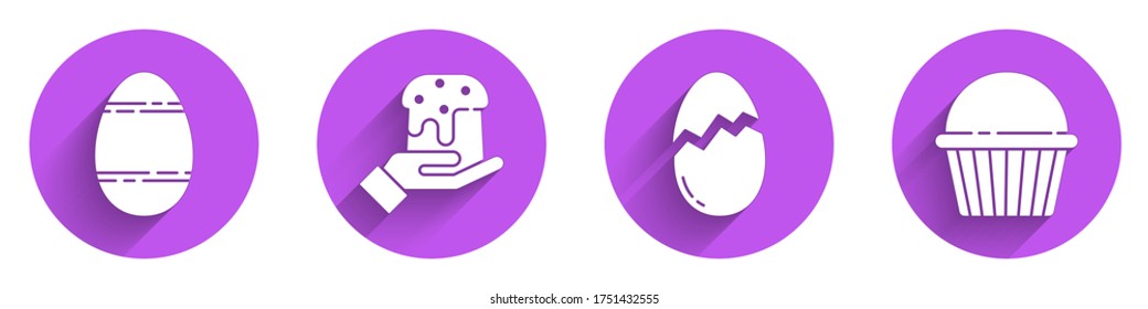 Set Easter egg, Human hand and easter cake, Broken egg and Easter cake icon with long shadow. Vector