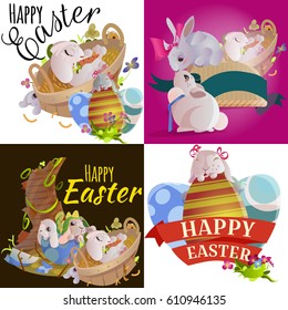 Set of easter egg hunt funny bunny with basket decorated flowers, cute rabbit happy spring season holiday tradition greeting card or banner collection vector illustration on white background