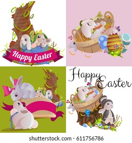 Set of easter egg hunt funny bunny with basket decorated flowers, cute rabbit happy spring season holiday tradition greeting card or banner collection vector illustration on white background