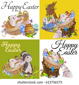 Set of easter egg hunt funny bunny with basket decorated flowers, cute rabbit happy spring season holiday tradition greeting card or banner collection vector illustration on white background