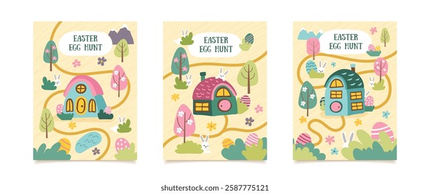 Set of Easter egg hunt greeting cards. Easter backgrounds with house, road, trees, hidden bunnies and eggs. Easter concept cards. Vector hand drawn illustrations.