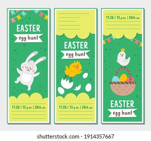 Set of Easter egg hunt invitation card templates with cute animals. Spring vertical poster or greetings for kids. Bright holiday bookmark illustration with funny bunny, hatching chick, basket
