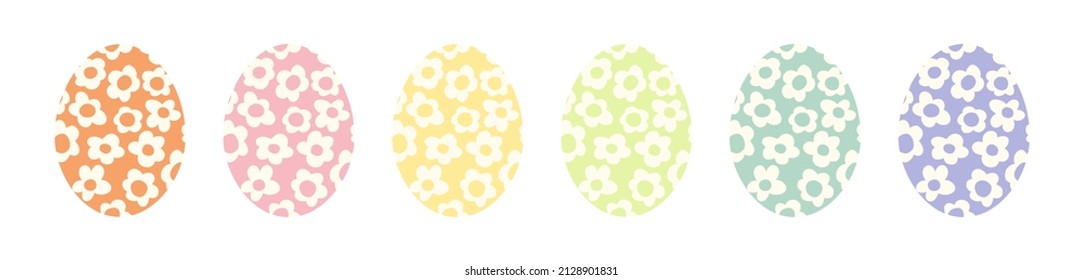 Set of Easter egg icons. Simple cartoon flat vector illustration with egg silhouettes with floral pattern print, isolated on white. Groovy and funky 60s, 70s style
