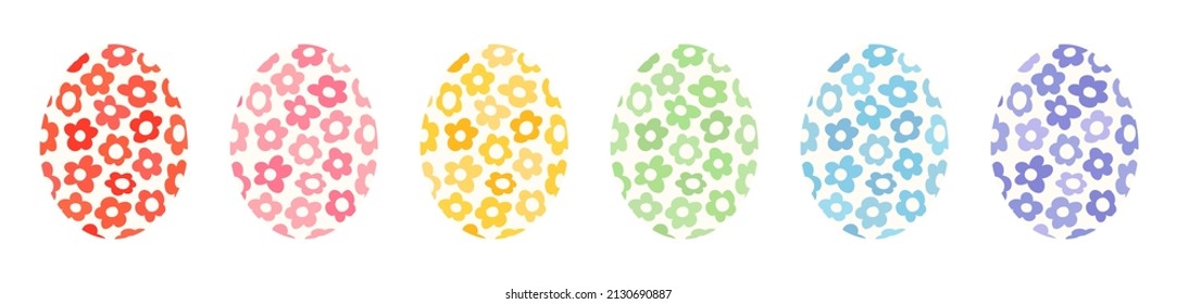 Set of Easter egg icons. Simple cartoon flat vector illustration with egg silhouettes with floral pattern print, isolated on white. Groovy and funky 60s, 70s style