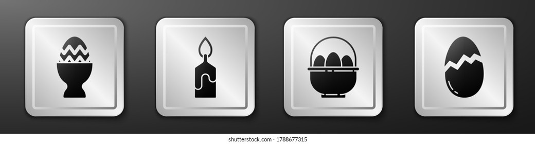 Set Easter egg on a stand, Burning candle, Basket with easter eggs and Broken egg icon. Silver square button. Vector