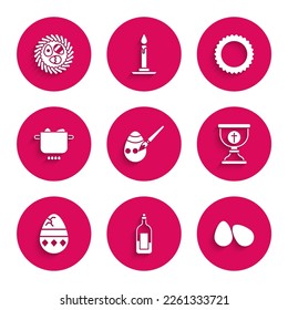Set Easter egg and paint brush, Bottle of wine, eggs, Christian chalice, Cracked, Egg hot pot, Sun and wicker nest icon. Vector