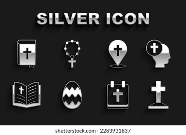 Set Easter egg, Priest, Grave with cross, Calendar, Holy bible book, Location church building,  and Rosary beads religion icon. Vector