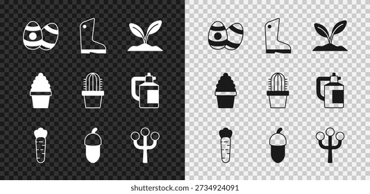 Set Easter egg, Rubber gloves, Sprout, Carrot, Acorn, Blossom tree branch, Cactus peyote in pot and  icon. Vector