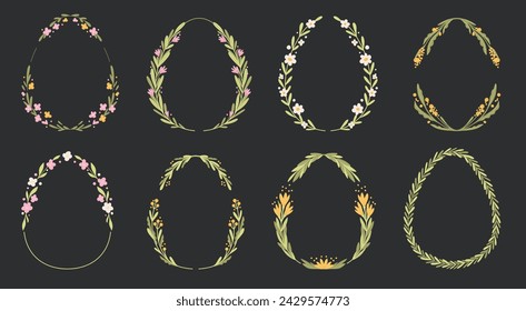 Set Of Easter Egg Shape Floral Wreath. Spring Flowers Oval Frame
