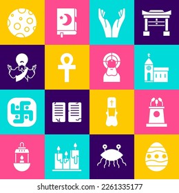 Set Easter egg, Stage stand or tribune, Church building, Hands praying position, Cross ankh, Jesus Christ, Moon and  icon. Vector