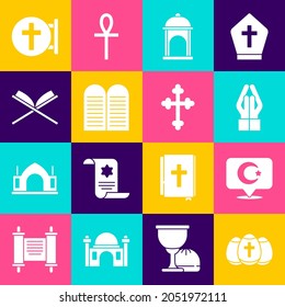 Set Easter egg, Star and crescent, Hands in praying position, Muslim Mosque, The commandments, Holy book of Koran, Christian cross and  icon. Vector
