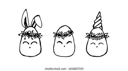 set Easter egg vector. Line drawing, hand drawn. 