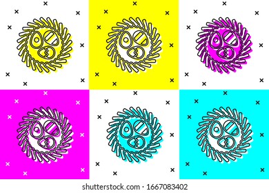 Set Easter egg in a wicker nest icon isolated on color background. Happy Easter.  Vector Illustration