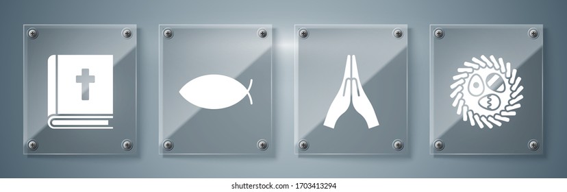 Set Easter egg in a wicker nest, Hands in praying position, Christian fish and Holy bible book. Square glass panels. Vector