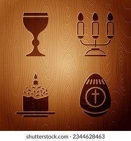 Set Easter egg, Wine glass, Easter cake and candle and Candelabrum with candlesticks on wooden background. Vector