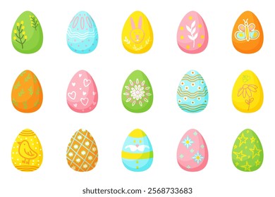 Set of Easter eggs. 15 multi-colored painted eggs with patterns in the form of flowers, butterflies, rabbits, yellow chick, stars, hearts. Vector illustration