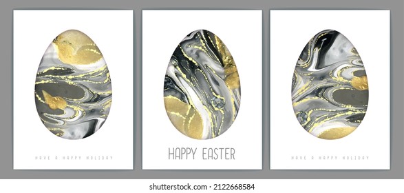 Set of Easter eggs with alcohol ink background. Cut out paper art style design. Easter greeting card. Vector illustration