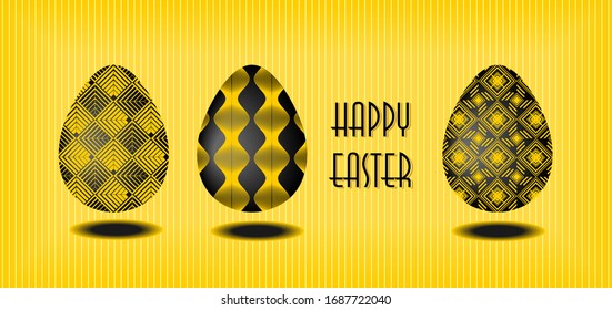 Set of Easter eggs with an art Deco ornament. Vector illustration in gold and black elegant colors.