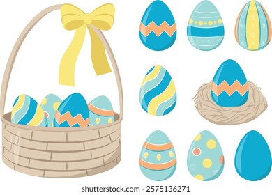 Set of Easter eggs, basket, nest