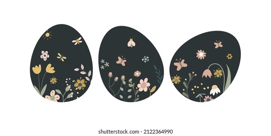 Set Ostereier mit schönen Zeichnungen. Frohe Ostern! Für Feriendekoration und Frühlingsgrußkarten. Vektorgrafik