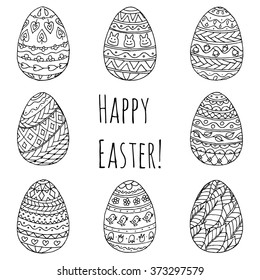 Set of Easter eggs. Black and white ornament drawing by hand. Vector illustration.