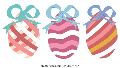 Set of Easter Eggs with Bow Ribbon. Painted Easter Egg Collection. Cute Aesthetic Kids Colorful Holiday Vector Illustration. Hand Drawn Childish Cartoon Style. Isolated on White Background.