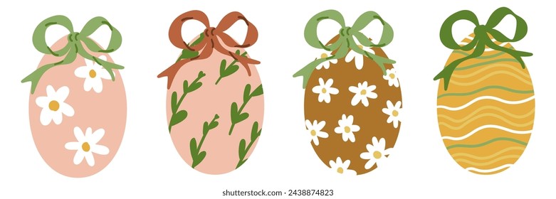 Set of Easter Eggs with Bow Ribbon. Painted Easter Egg Collection. Cute Aesthetic Kids Colorful Holiday Vector Illustration. Hand Drawn Childish Cartoon Style. Isolated on White Background.