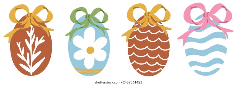 Set of Easter Eggs with Bow Ribbon. Painted Easter Egg Collection. Cute Aesthetic Kids Colorful Holiday Vector Illustration. Hand Drawn Childish Cartoon Style. Isolated on White Background.