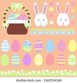 Set of Easter eggs, bunnies, flowers, butterflies, ornaments and an Easter basket.Vector set of decorations for Easter in pastel colors.