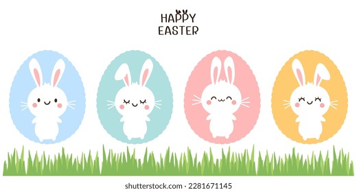 Set of Easter eggs with bunny rabbit cartoons, green grass and hand written fonts isolated on white background vector illustration.