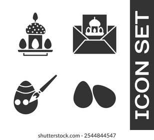 Establecer huevos de Pascua, pastel de Pascua y huevos, huevo de Pascua y pincel de pintura y tarjeta de felicitación con el icono de Pascua feliz. Vector