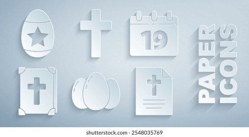 Set Easter eggs, Calendar with Happy, Holy bible book, Greeting card, Christian cross and  icon. Vector