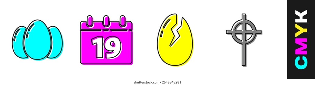 Set Easter eggs, Calendar with Happy Easter, Broken egg and Christian cross icon. Vector