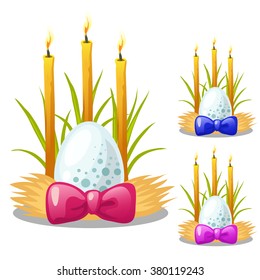 Set of Easter eggs and candles with colorful bows. Vector illustration.