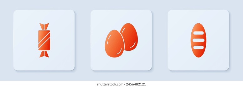 Set Easter eggs, Candy and Bread loaf. White square button. Vector