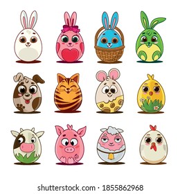 set of easter eggs with cartoon animals