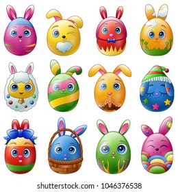 Set of easter eggs cartoon character with bunnies ears isolated on white background