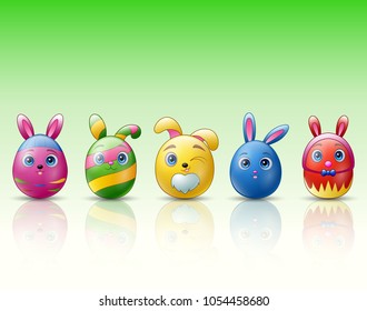Set of easter eggs cartoon character with bunnies ears on green background