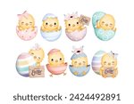 Set of Easter Eggs and Chicks with Happy Easter Sign