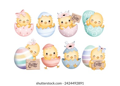 Set of Easter Eggs and Chicks with Happy Easter Sign