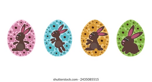 Set of Easter eggs with chocolate bunny.Vector illustration.