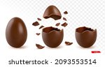 Set of Easter eggs with chocolate pieces and pink ribbon bow isolated on transparent background. Realistic vector illustration of Easter egg.