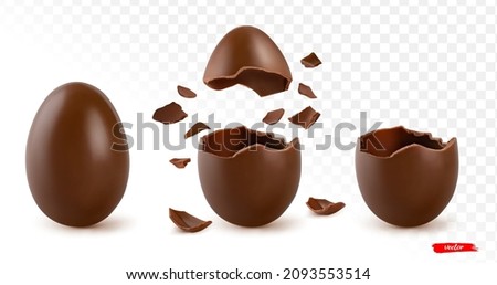 Set of Easter eggs with chocolate pieces and pink ribbon bow isolated on transparent background. Realistic vector illustration of Easter egg.