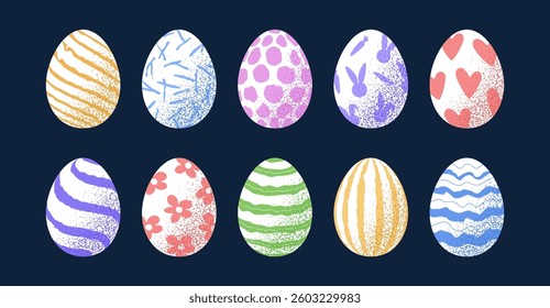 Set of Easter eggs. A collection 10 designed Easter eggs showcasing white and vibrant colors and retro patterns. The grunge and textured style adds a trendy, ideal celebrations and branding