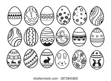 Set of Easter eggs. Collection of holiday decorative eggs. Line art. Spring holiday. Vector illustration on white background of stylized eggs.