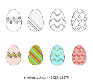 A set of Easter eggs. Colorful and black and white Easter eggs. Coloring book.