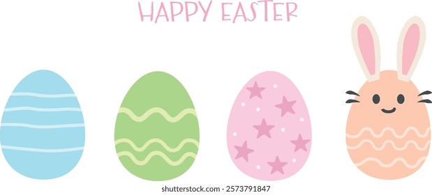 Set of Easter eggs. Colorful easter eggs with bunny. Happy Easter text. Vector Illustration.