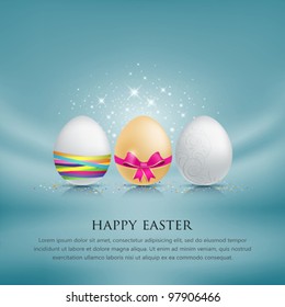 Set of easter eggs. with colorful ribbon blue fabric background. vector illustration